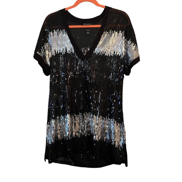 INC International Concepts V-neck Shirt Top Sparkly Semi-sheer L Holiday Party - Picture 1 of 8